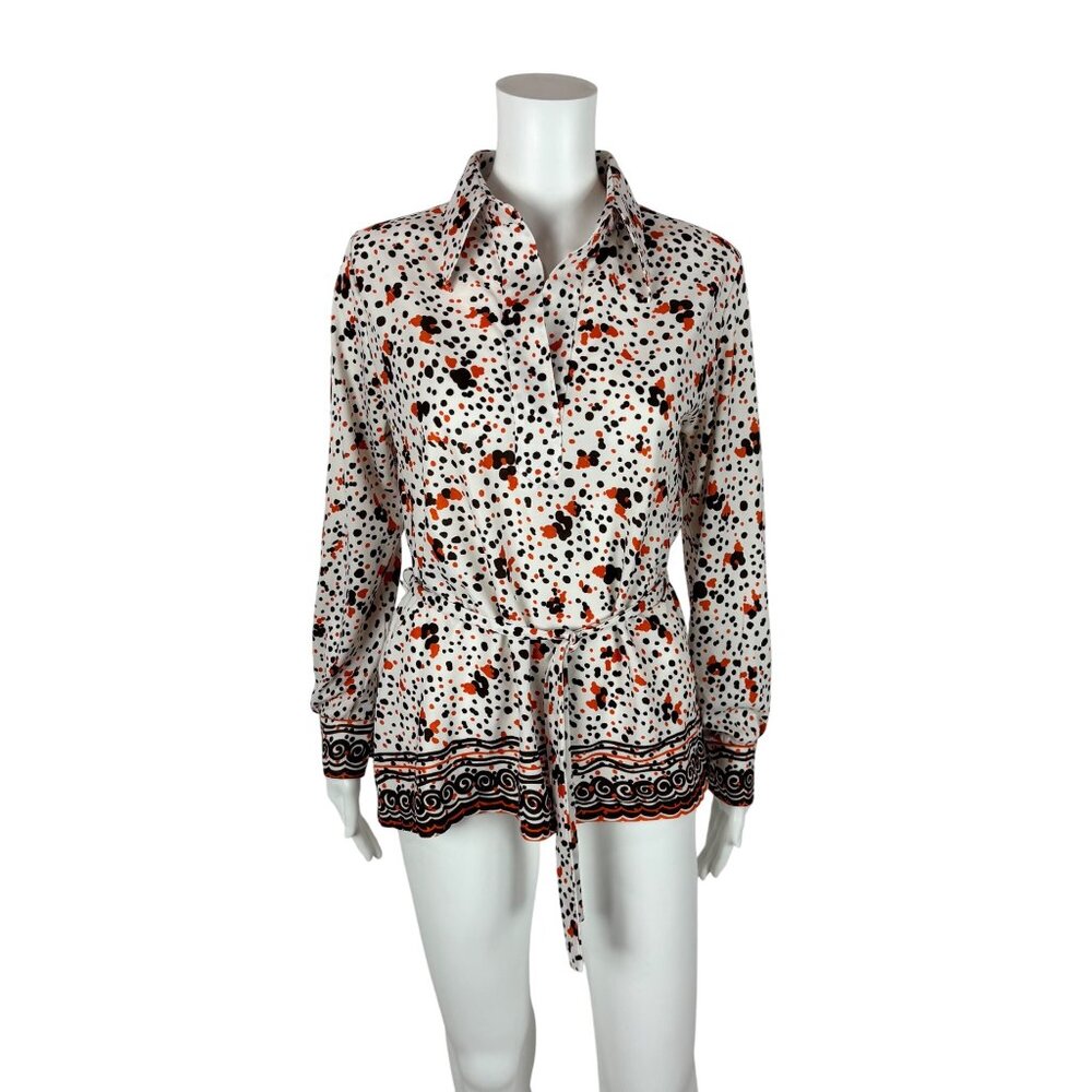 Vintage 70s Spotted Top Women's Medium Orange Brown Border Print Collared Shirt